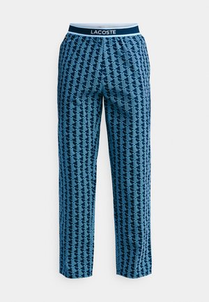 Blaue gemusterte Hose mit geometrischem Design, elastischem Bund und kontrastierender Logodetail. Aus leichtem Stoff, gerade geschnitten.