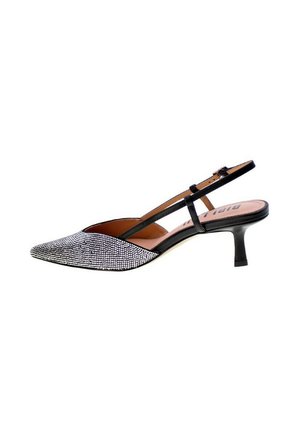 Scarpa slingback a punta con tomaia in strass neri e argento, cinturino alla caviglia regolabile e tacco sottile di altezza media.