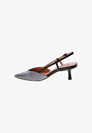 Scarpa slingback a punta con tomaia in strass neri e argento, cinturino alla caviglia regolabile e tacco sottile di altezza media.