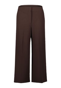 Pantalons larges marron en tissu lisse, avec une taille plate et sans poches, conçus pour un ajustement décontracté et un look casual.