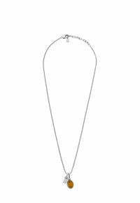 Collana in argento con pendente in ambra ovale e piccolo charm a forma di etichetta rettangolare, che presenta un design elegante e una finitura lucida.