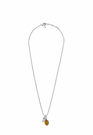 Silver chain necklace featuring an oval amber pendant and a small rectangular tag charm, showcasing a sleek design and polished finish.