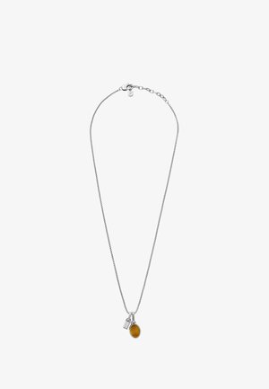 Silver chain necklace featuring an oval amber pendant and a small rectangular tag charm, showcasing a sleek design and polished finish.