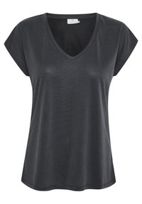 T-shirt grigio scuro a maniche corte e scollo a V realizzato in tessuto morbido e liscio. Presenta una vestibilità rilassata e un orlo leggermente curvo.