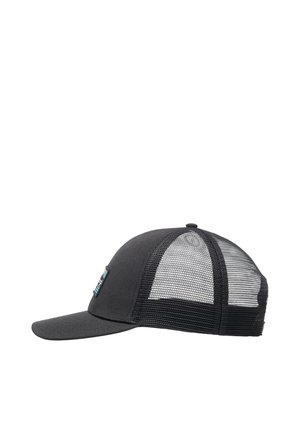 Black cap with a curved bill, mesh back, and a small colorful logo on the front left side. Textured fabric and breathable design.
