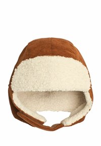 Cappello di velluto a coste marrone con fodera in finta pelliccia di montone color crema, forma arrotondata, lembi per le orecchie e cinturino regolabile per una vestibilità sicura.