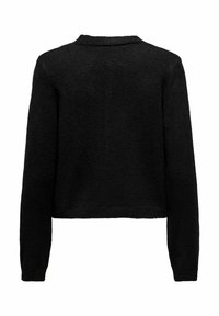 Pull noir en tricot avec manches longues, design court et encolure arrondie. La texture semble douce et légèrement duveteuse.