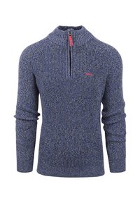 Navyblauwe gebreide trui met een halve ritssluiting, voorzien van een textuurpatroon en een klein rood logo op de borst.