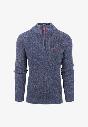 Navyblauwe gebreide trui met een halve ritssluiting, voorzien van een textuurpatroon en een klein rood logo op de borst.