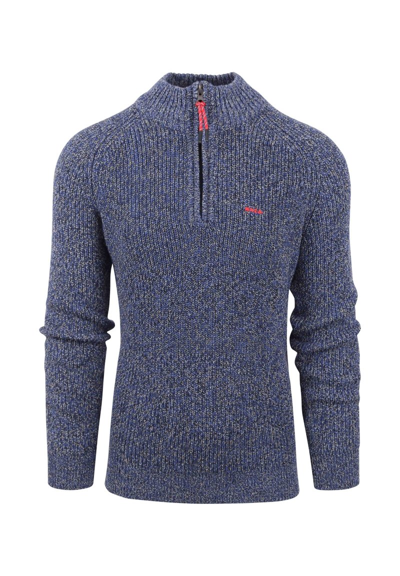 Navyblauwe gebreide trui met een halve ritssluiting, voorzien van een textuurpatroon en een klein rood logo op de borst.