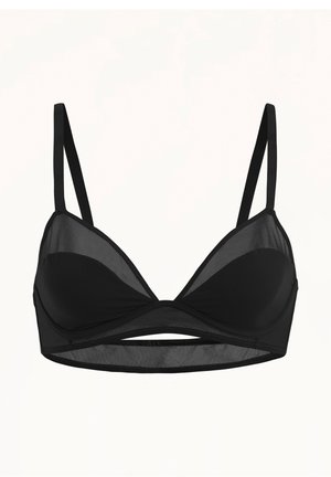 Svart behå med genomskinliga kupor i mesh med triangulär form, smala band och en utskuren detalj på framkanten.