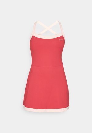 Czerwona sukienka kąpielowa z krzyżującymi się ramiączkami, jasnoróżowymi akcentami, gładką fakturą i rozkloszowanym dołem; posiada subtelne logo z przodu.