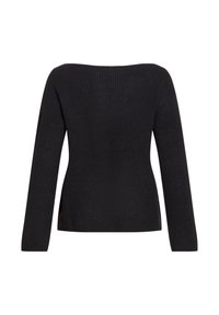 Μαύρο ριμπ πλεκτό πουλόβερ με μακριά μανίκια, σχεδιασμό off-shoulder, εφαρμοστή γραμμή και πλαϊνές ανοίγματα στο τελείωμα για επιπλέον λεπτομέρεια.