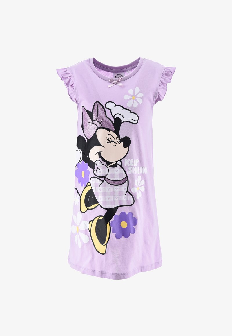 Camisa de noche de algodón morado con mangas cortas con volantes, que presenta un gráfico de un personaje y diseños florales. Tela lavable a máquina.