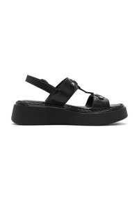 Sandali platform in pelle nera con una larga fascia, dettagli in metallo, punta aperta e suola imbottita per il massimo comfort.