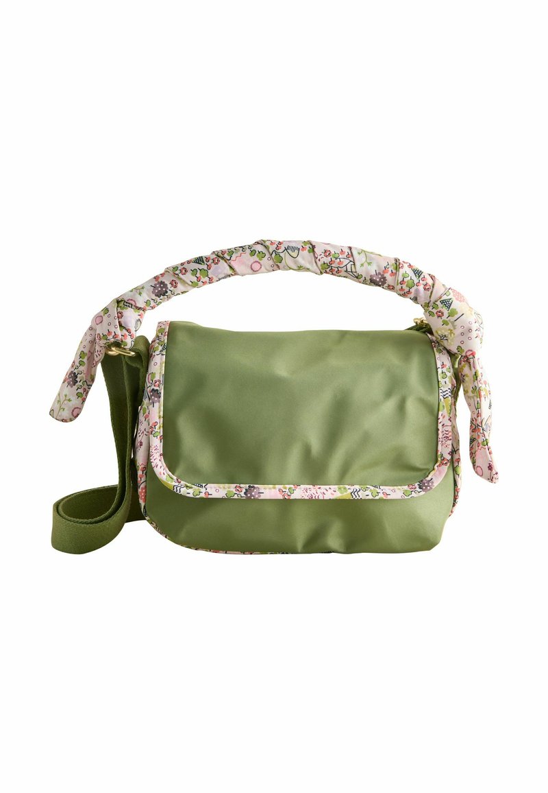 Borsa a tracolla verde in tessuto con una tracolla e rifiniture a motivo floreale, dotata di un'apertura frontale e di una tracolla regolabile per versatilità.
