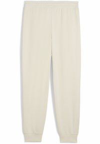 Crème joggerbroeken met een elastische tailleband en taps toelopende pijpen. Glad stoffen textuur met cuffed enkelmanchetten. Geen zichtbare patronen of hardware.