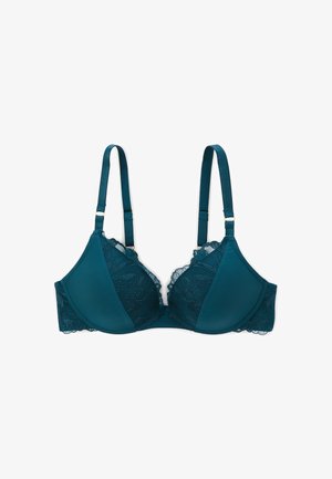 Soutien-gorge en dentelle turquoise et satin avec bretelles réglables et soutien avec armatures, affiché à plat sur un fond blanc.