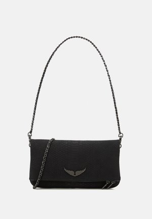 Black handbag with a textured snake-skin pattern, featuring a chain strap, a zip closure, and a subtle logo accent on the front.