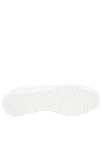 Weißer Sneaker-Sohle mit strukturierten Griffmustern, runden Akzenten und einer glatten Oberfläche. Leicht abgerundete Form mit verstärkten Kanten.