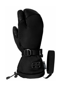 Schwarze isolierte Fäustlinge aus Nylon mit einem strukturierten Handgelenkbund, verstellbarem Riemen und Zugbandschluss für einen sicheren Sitz.