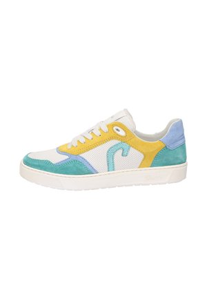 White sneaker with mesh and suede in yellow, turquoise, and blue accents. Features perforated upper and a textured rubber sole.