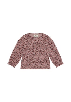Maglietta rosa a maniche lunghe per bambino con piccola stampa floreale scura, polsini arricciati, scollo tondo e etichetta del marchio sul retro.