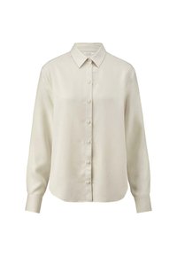Cremefarbene Button-Up-Bluse aus glattem Stoff, mit kragenartigem Ausschnitt, langen Ärmeln und geradem Saum in entspannter Passform.