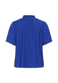 Haut bleu à manches courtes avec un design texturé en relief et un col à volants. Coupe décontractée avec un ourlet droit et un dos sans ornement.