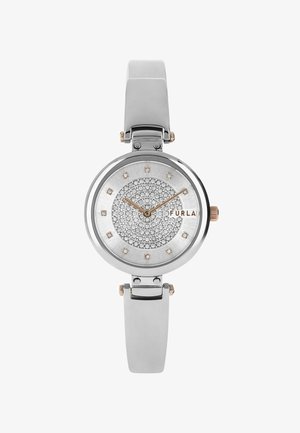 Hõbedane analoogkell ümmarguse kellanäidikuga, millel on spiraalpattern kristallidest. Sile metallist rihm poleeritud viimistlusega ja roosakuldsete aktsentidega.