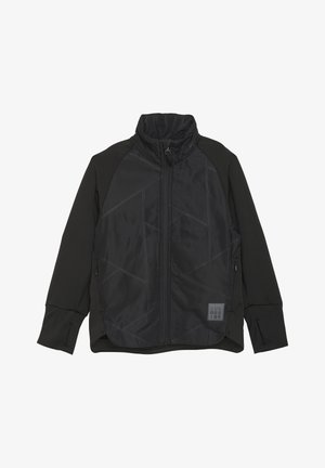 Svart jacka med vadderad front som har ett geometriskt mönster, blixtlås, hög krage och ärmar i stretchmaterial. Två sidofickor.