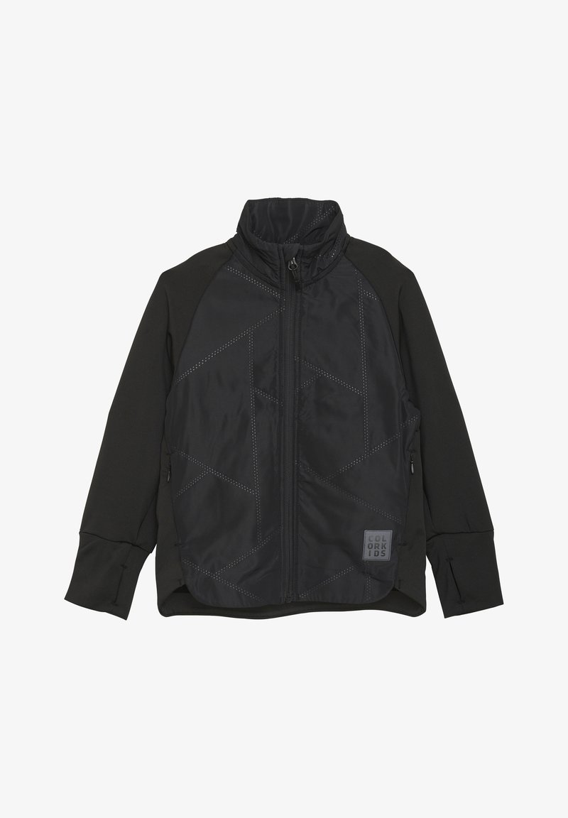 Svart jacka med vadderad front som har ett geometriskt mönster, blixtlås, hög krage och ärmar i stretchmaterial. Två sidofickor.