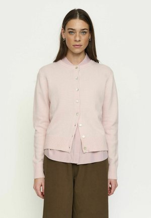 Jeune femme aux cheveux bruns et raides, portant un cardigan à boutons rose clair, un chemisier rose et un pantalon marron, debout devant un fond uni.