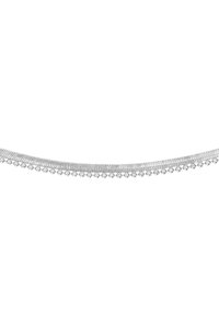 Collana d'argento con un design a catena flessibile, che presenta piccole perline rotonde lungo il bordo inferiore, superficie lucida e texture liscia.