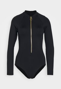 Black long-sleeve bodysuit made of smooth fabric with a front zip featuring a gold zipper pull and rounded collar.