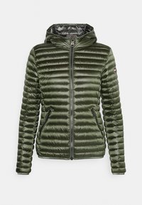 Olive green puffer jacket with a zippered front, hood, and two zippered side pockets. Features a quilted texture and elastic cuffs.