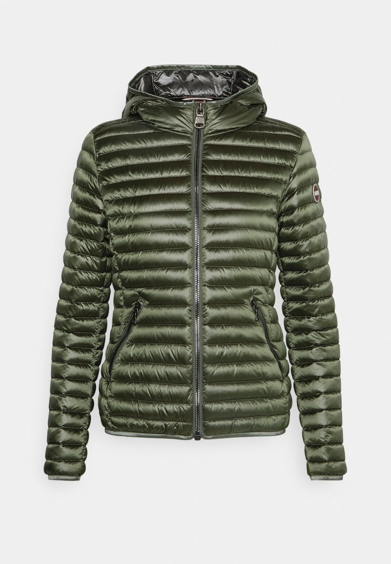 Olive green puffer jacket with a zippered front, hood, and two zippered side pockets. Features a quilted texture and elastic cuffs.