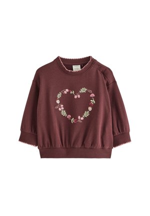 Kinder Sweatshirt mit langen Ärmeln in Bordeaux mit floraler Herzstickerei und rosa gezacktem Besatz an Bündchen und Halsausschnitt.