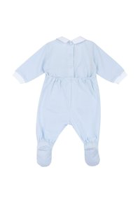 Rompers pour bébé bleu clair avec manches longues, col blanc, fermeture à boutons au dos, et motif à carreaux sur les accents des pieds.