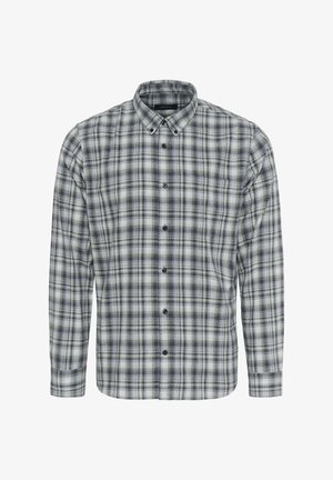 Pilkos ir baltos languotos marškiniai su ilgomis rankovėmis ir sulankstytu apykaklė. Įrengtas krūtinės kišenė ir tamsūs mygtukai.