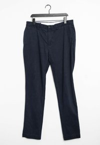 Navy blue cotton trousers with a straight-leg design, featuring front pockets and a button closure, hanging on a black hanger.