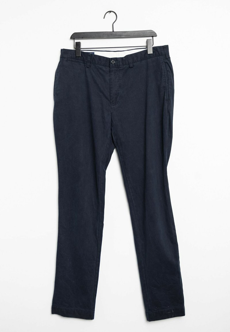 Navy blue cotton trousers with a straight-leg design, featuring front pockets and a button closure, hanging on a black hanger.