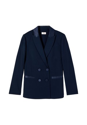 Navy blazer with a double-breasted design, satin lapels, and two rounded buttons. Features two side pockets and smooth texture.