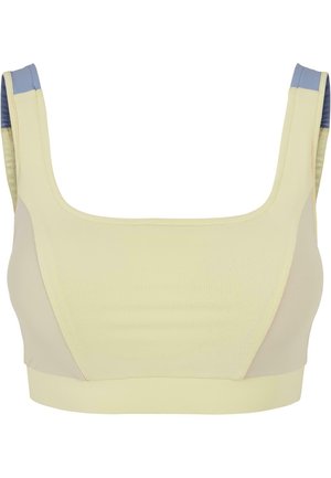 Sostenere giallo con scollatura quadrata, con fasce di accento blu chiaro e un tessuto liscio e elasticizzato. Progettato per l'abbigliamento sportivo.