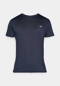 Mørkeblå, kortærmet t-shirt lavet af ribbet stof, med et lille logo på øverste venstre side og en klassisk rund halsudskæring.