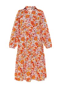 Rochie florală cu flori vibrante portocalii și roz pe un fundal alb. Design cu guler, mâneci lungi și fustă în straturi.