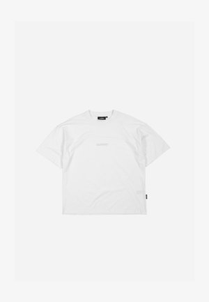 White cotton t-shirt, crew neckline, short sleeves, features a subtle logo in the center and a small tag on the left side.