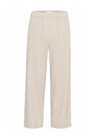 Beige weit geschnittene Hose aus einer leichten Leinenmischung, mit elastischem Bund und lässiger Passform sowie einer glatten, strukturierten Oberfläche.