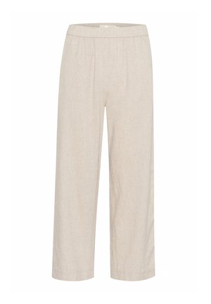 Beige weit geschnittene Hose aus einer leichten Leinenmischung, mit elastischem Bund und lässiger Passform sowie einer glatten, strukturierten Oberfläche.