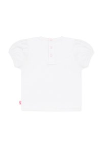 Witte korte mouwen top met opbollende mouwen en een ronde halslijn. Voorzien van een sluiting met knopen aan de achterkant met roze stiksels en een klein zijlabel.